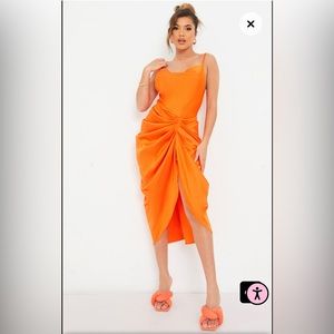 NWOT orange strappy cowl neck side gathered midi dress